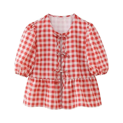 Summer Woman Bow Tied Lace Up Shirts Puff Short Sleeves Blouse Oneck Ruffle Color Tops