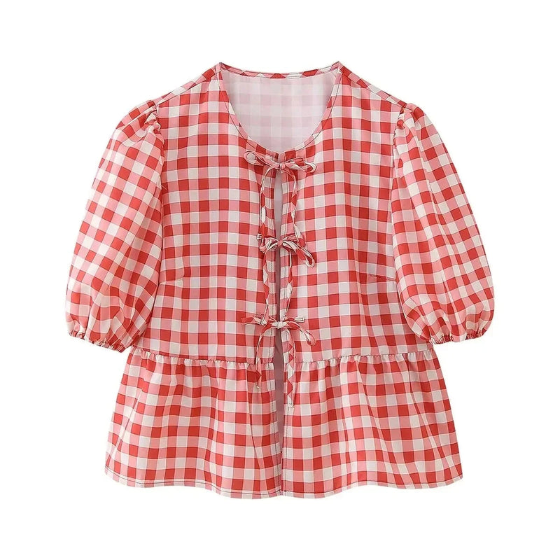 Summer Woman Bow Tied Lace Up Shirts Puff Short Sleeves Blouse Oneck Ruffle Color Tops