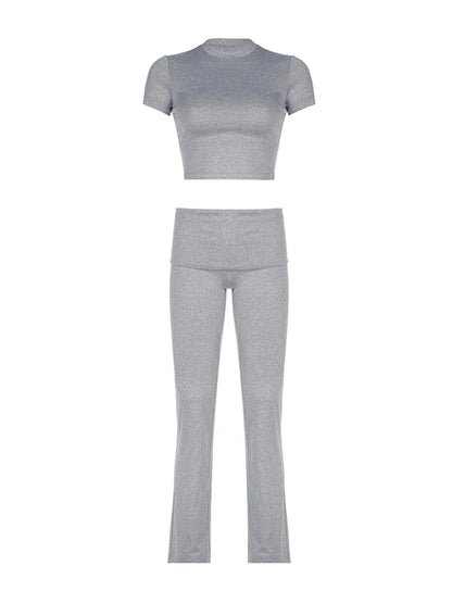 Gray Slim Basic Sports 2 Pieces Yoga Sets O Neck Short Sleeve Tee & Low Waist Skinny Pants Tracksuit S-xl