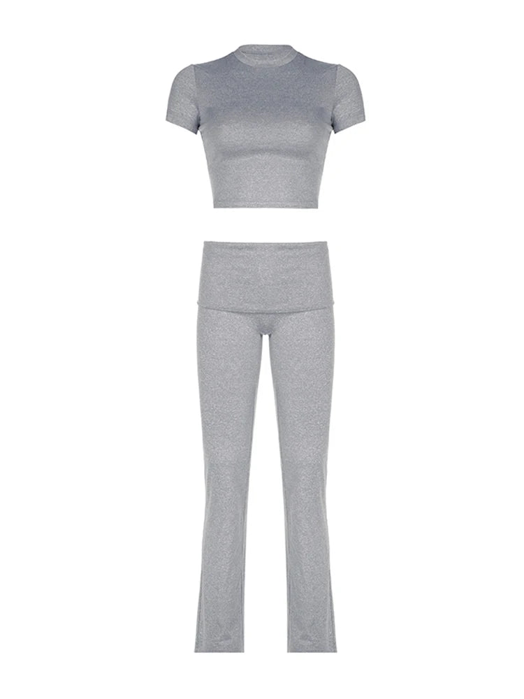 Gray Slim Basic Sports 2 Pieces Yoga Sets O Neck Short Sleeve Tee & Low Waist Skinny Pants Tracksuit S-xl