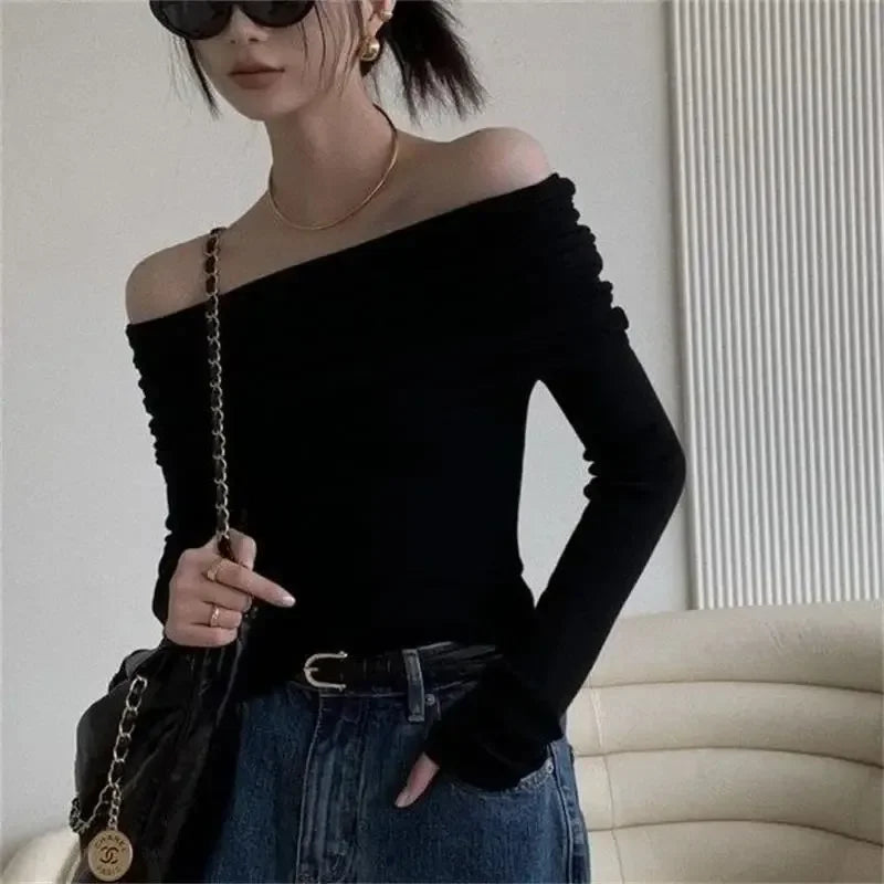 Off Shoulder T-shirts Long Sleeve Shirts Cropped Tops Clubwear Skew Collar Warm Pullovers