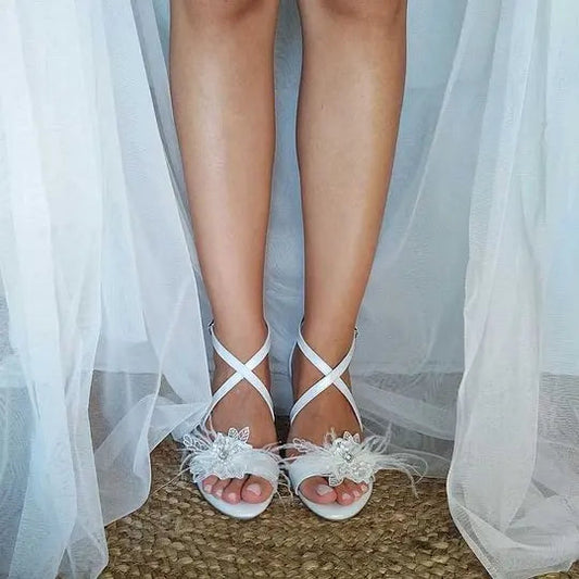 White Crystal Decor Cross Strappy Block Heel Wedding Sandals Open Toe Summer Dress Party Shoes