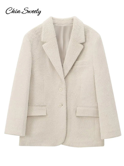 White Mohair Blazer Coat Loose Lapel Single-breasted Long Sleeve Thick Warm Jackets New Office Lady Street Outerwear
