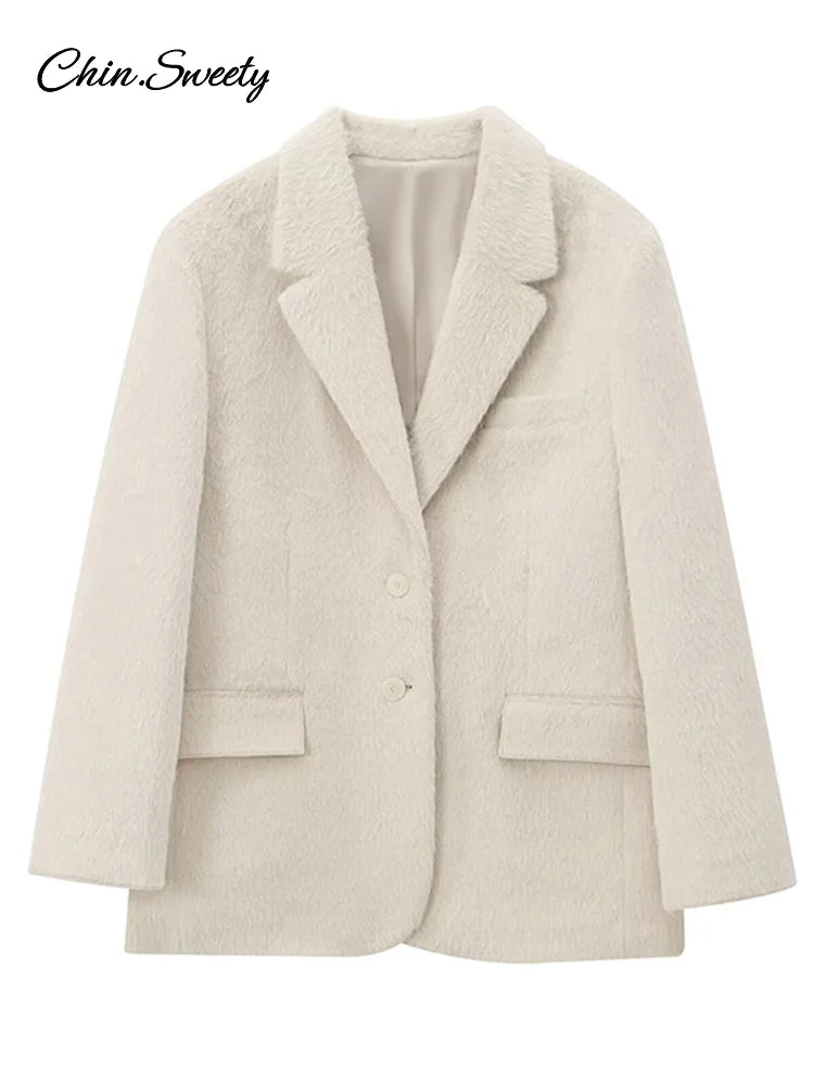 White Mohair Blazer Coat Loose Lapel Single-breasted Long Sleeve Thick Warm Jackets New Office Lady Street Outerwear