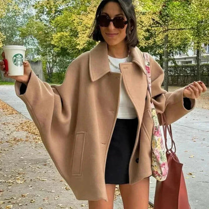 Diagonal Breasted Warm Loose Jacket Lapel Double Pocket Batwing Sleeve Coats Winter Female Outwear