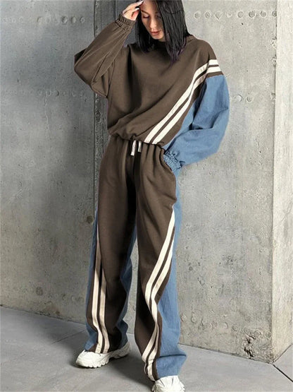 2 Piece-set Drawstring Trousers Contrast Lace-up Autumn Pullover and High Waist Pants Outfits Tracksuit