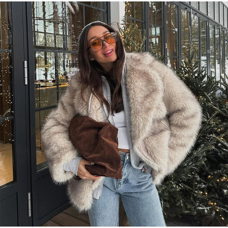 Furffy Thicken Jackets Faux Fur Loose Lapel Long Sleeves Warm Coats Female Winter Soft Outwears Lady