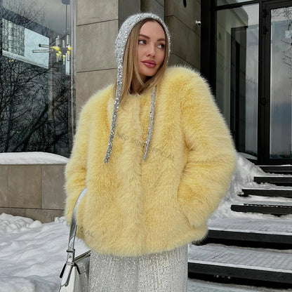 Cool Street Winter Fluffy Fox Fur Jacket Round Neck Faux Fur Coat Thick Warm Outerwear