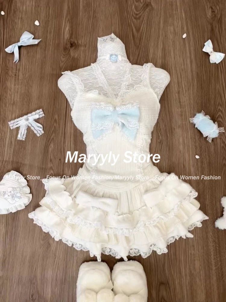Winter Sweet New 3 Piece Sets Outfits Long Sleeve Bow Cardigan + Slim Vest + Lace Patchwork Mini Skirt