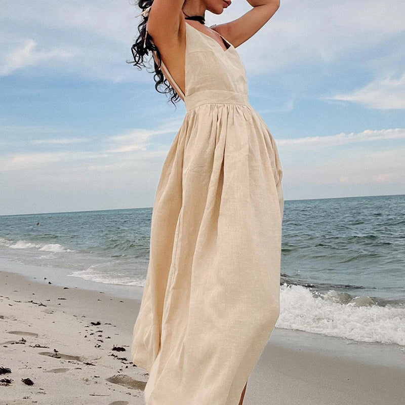 New Summer Spaghetti Strap Beach Dress Vneck Hollow Pleats Long Dress Backless Pocket Holiday Dresses