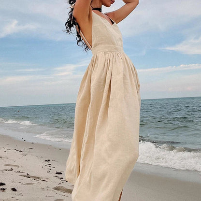 New Summer Spaghetti Strap Beach Dress Vneck Hollow Pleats Long Dress Backless Pocket Holiday Dresses
