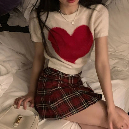 Preppy Top Shirt Youth Blouse Summer Blouses Woman Sweet Knitted Tee Crop Top Korean