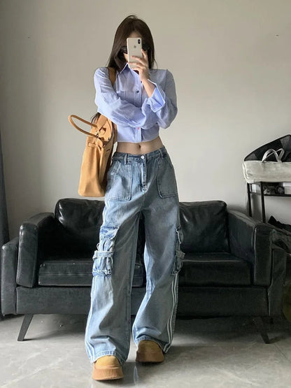 Stripe Blue Cargo Jeans Y2k Harajuku Loose Korean High Waist Denim Trousers Hip Hop Causal Female Pants