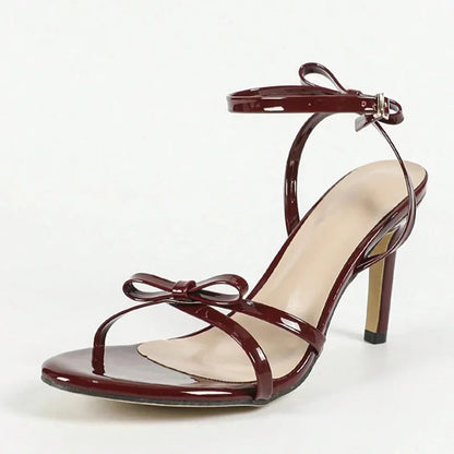 Red Patent Leather Bowknot Narrow Band Sandals Open Toe Buckle Strap Plus Size43 Shoes High Heels Pumps