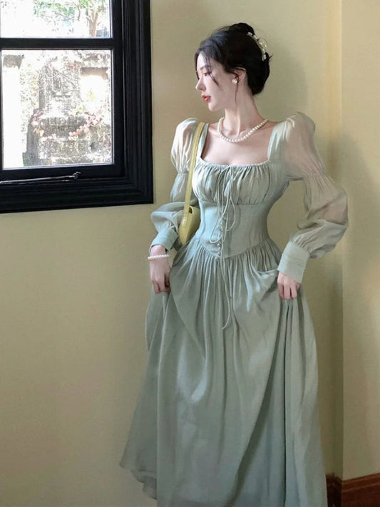 French Lantern Sleeve Lace Up Midi Dress Spring and Summer Square Neck Evening Party Prom Robe Dress