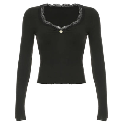 Ruched Lace Trim Square Collar T-shirt Slim Long Sleeve Hotsweet Retro Autumn New Top Tees