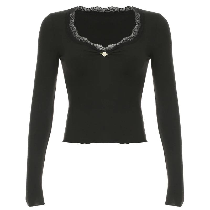 Ruched Lace Trim Square Collar T-shirt Slim Long Sleeve Hotsweet Retro Autumn New Top Tees
