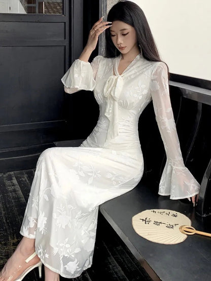 Flare Sleeve Long Dresses for New Autumn Vneck Slim Wedding Runway Party Lace Vestidos Clothing Long Robe