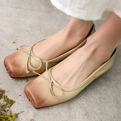 Genuine Leather Pleated Sqaure Toe Sliponn Ballet Flats Soft Comfortable Female Four Season Ballerianns Single Shoes