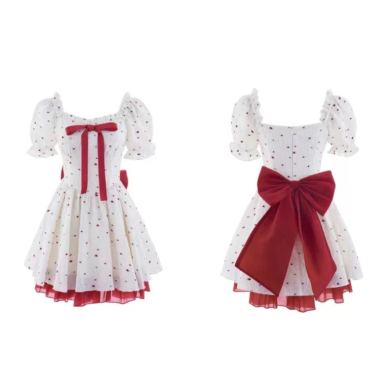Summer New Sweet Mini Dresse French Square Collar Princess Bow Short Sleeve Dress Party Dresses Vestidos