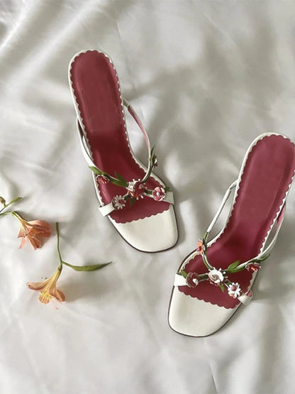Handmade Flower High Heels 2000s Sweet Slide Strapless Sandal Heels on Off Shoes Shoes