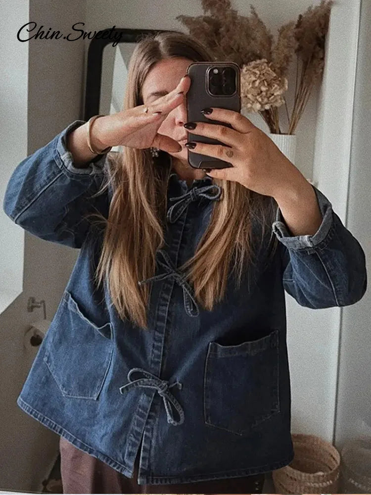 Street Lace Up Denim Shirt for Lapel Long Sleeve Loose Thick Blouses Spring Lady Loose Top Outwear New
