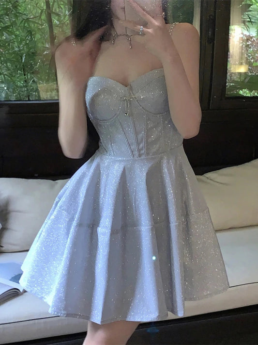 Shiny Dinner Party Dresses Aline Bows Sweet Spring Summer Mini Dress Korean Vestidos Mujer