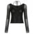 Stylish Cut Out Front Black Top for Mesh Long Sleeve V-neck Halter T-shirt Autumn Fitted Tees