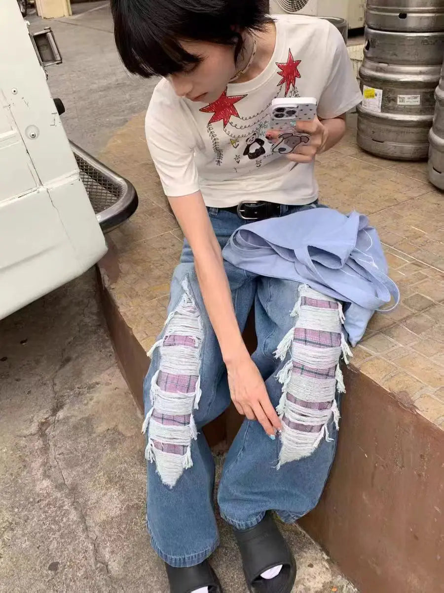 Jeans With Contrasting Plaid Holes and Splicing High-waisted Summer American High Street Loose Slimming Wide-leg Pants