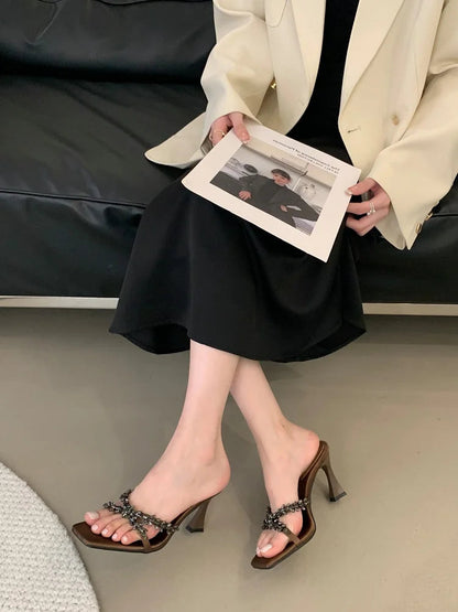 Street Style Crystal Narrow Band Slippers Woman Open Toe Thin High Heels Sandals Stripper Party Slides Shoes
