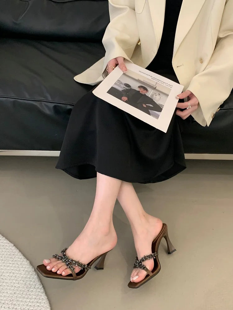 Street Style Crystal Narrow Band Slippers Woman Open Toe Thin High Heels Sandals Stripper Party Slides Shoes