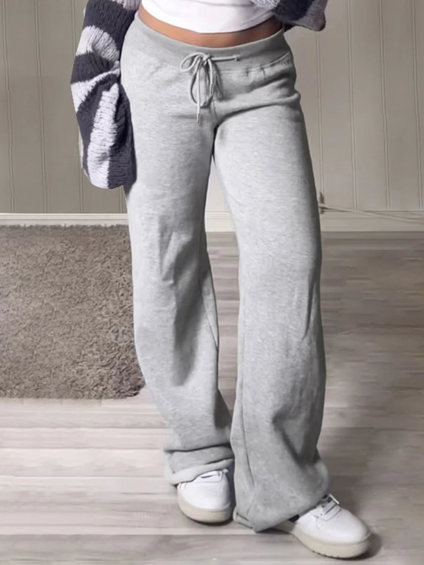 Pockets Drawstring High Waist Loose Sweatpants for Gray Basic Simple Straight Leg Pants Jogging Trousers
