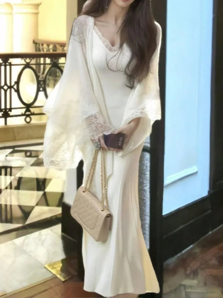 Knitted 2 Piece Set Lace Spliced Shawl Mermaid Dress Outfits Autumn Winter Sweater Party Clothes New