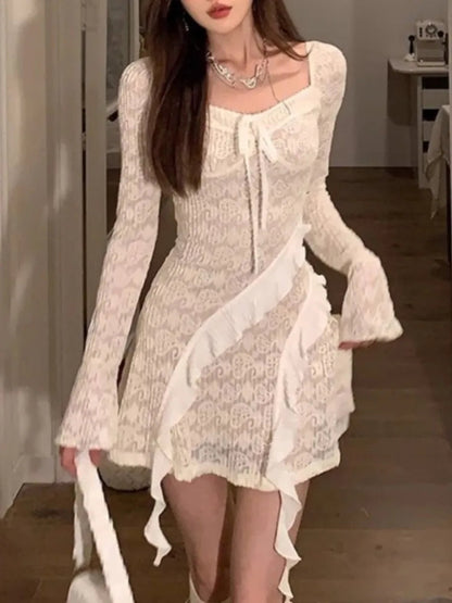 Autumn French Y2k Mini Dress Woman Flare Sleeve Ruffles Laceup Slim Aline One Piece Party Robe Korean