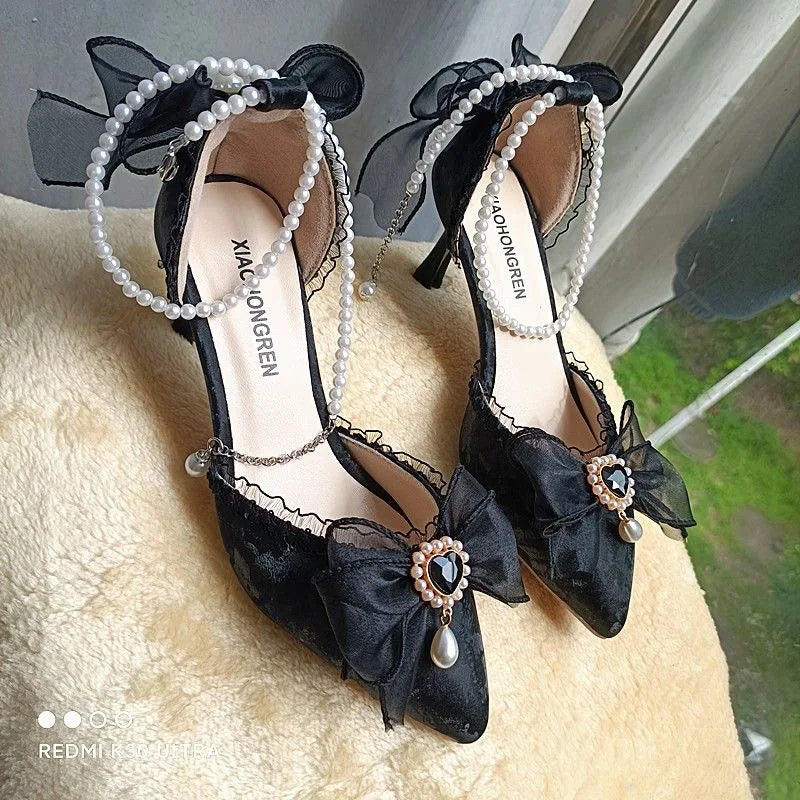 Woman Heels Lolita Y2k Mary Jane Shoes Black Heart Pearl Designer Shoes Sandals for Party and Weddings Evening
