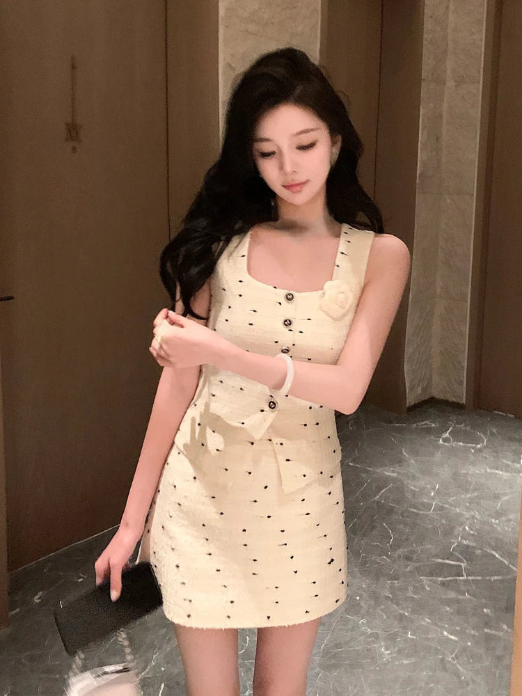 Office Lady Set Print Vest Blouse + Slim Short Skirt 2 Piece Skirt Suits French Summer Y2k
