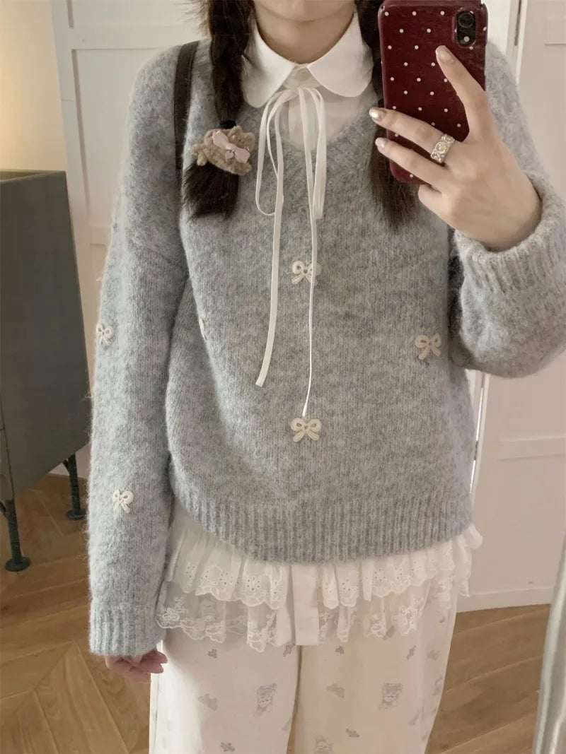 Sweet Hot Girl Grey Bow Embroidered Sweater Autumn Loose Thickened Knitted Pullover Female Clothes