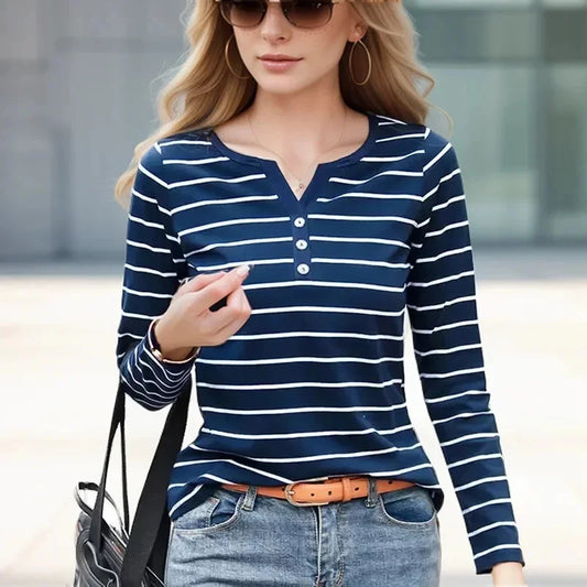 Spring Autumn Style Blouse Shirts Tops Lady Long Sleeve Striped Printed V-neck Tops Tee