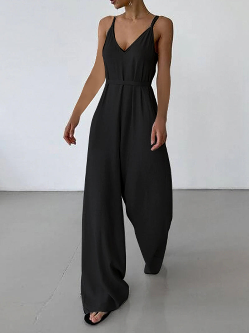 Sleeveless V Neck Loose Black Jumpsuits for Backless Vacation Wide Leg Rompers Spaghetti Strap Overalls