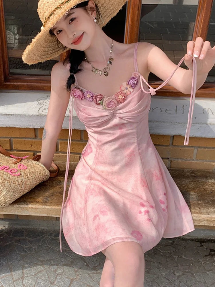 Summer French Spaghetti Strap Mini Dress Flower Frocks Party Evening Onepiece Y2k
