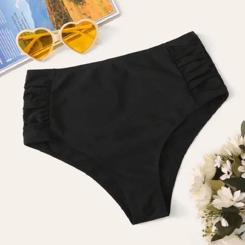 High Waist Ruched Bikini Bottoms Tummy Control Swimsuit Briefs Pants Beachwear Spandex Beach Style Summer