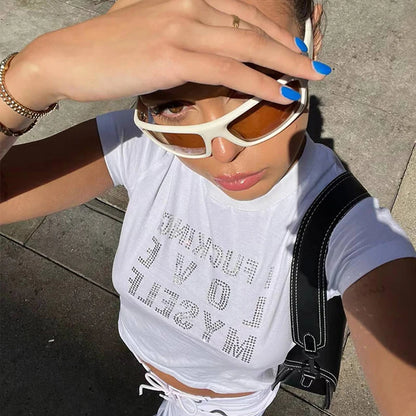 Summer European and American Style Short Sleeved T-shirt With Letter Hot Diamond Top, T-shirt With Slim Fit Inside for