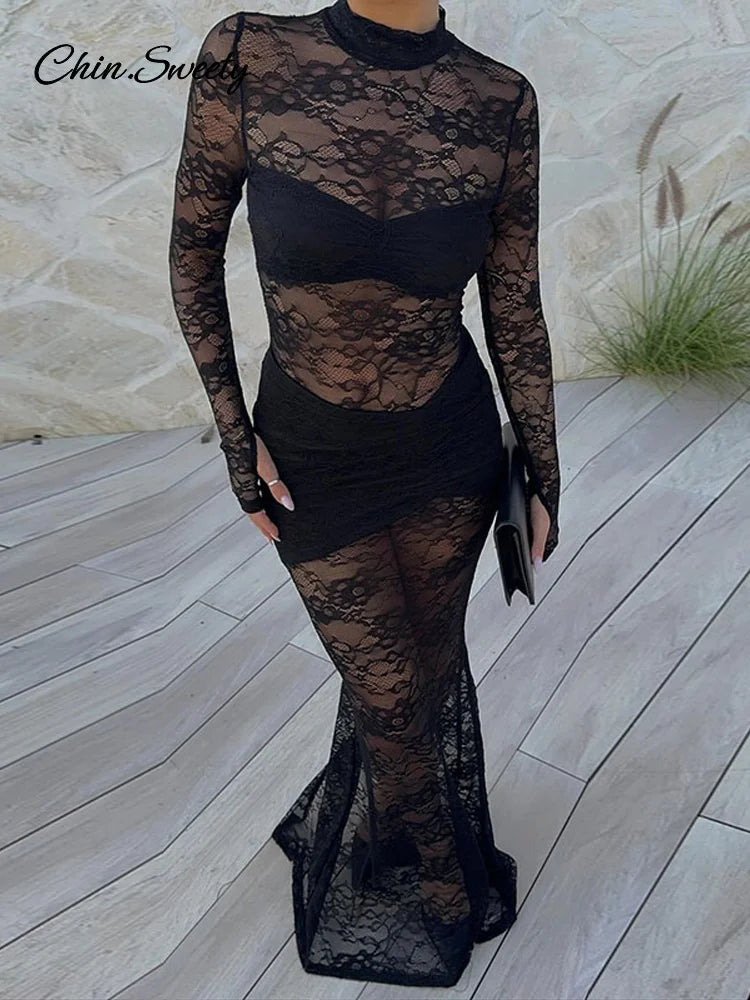 Lace Patchwork Long Dresses Slim Turtleneck Hollow Out Slit Party Dress Female Spring Slim See Through Robe New