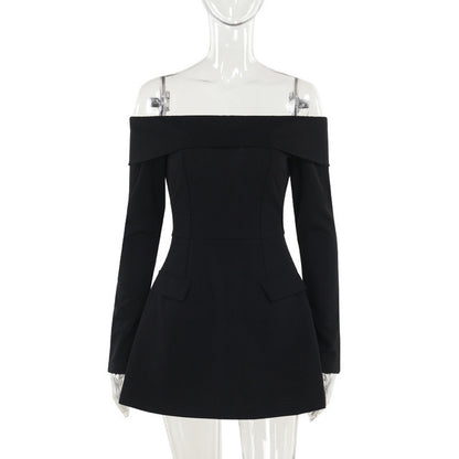 Off-shoulder Long Sleeve Mini Dress for Two Pocket Strapless Backless A-line Club Party Dress