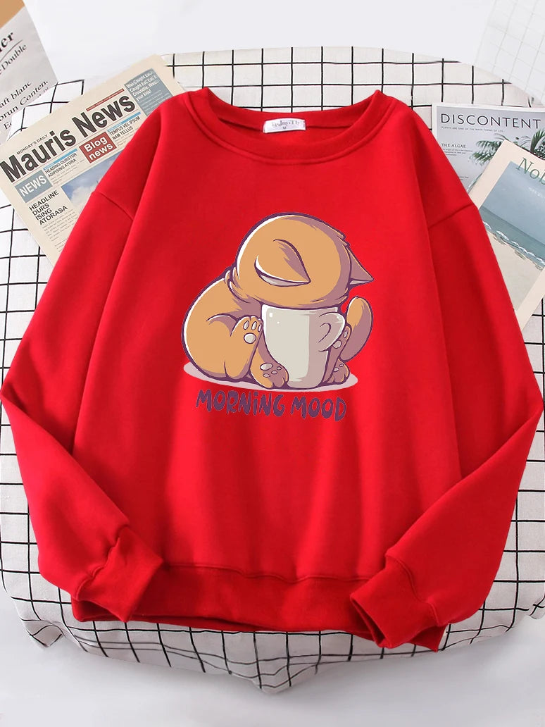 Cat Is Looking at the Cup Sweatshirt Female Fleece Hoody Crewneck Hoodies Pullover Oversize Sportswear