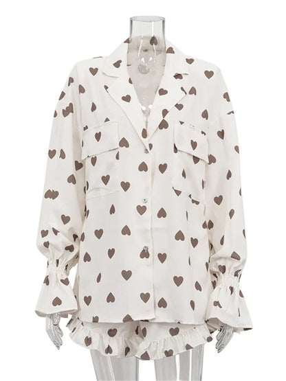 Autumn 2 Piece-set Shorts for Printed Pocket Shirts and High Waist Slim Shorts Sets Female Contrast Outfits
