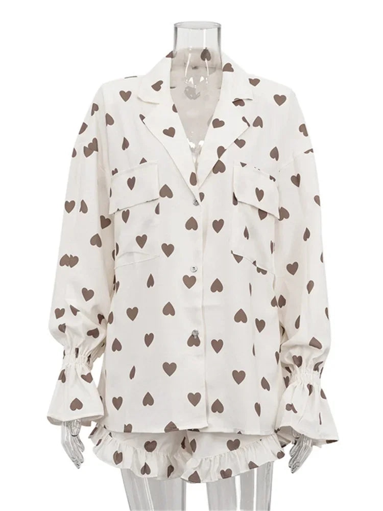 Autumn 2 Piece-set Shorts for Printed Pocket Shirts and High Waist Slim Shorts Sets Female Contrast Outfits