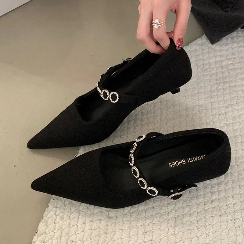 Satin Rhinestone Pointed Toe Buckle Shallow Low Heeled Shoes Wedding Pumps