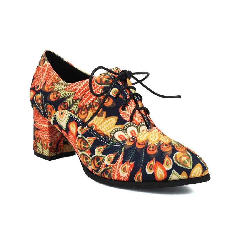 Style Printed Fabric Lace Up High Heeled Shoes Round Toe Cross Tied Spring Autumn New Pumps Oxfords 3548