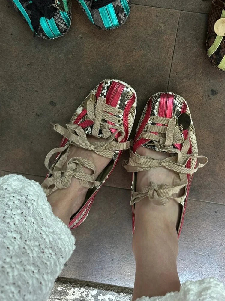 Spring Lolita Square Toe Purple Flat Ballet Shoes New Straps Bow Color Matching Mary Jane Shoes